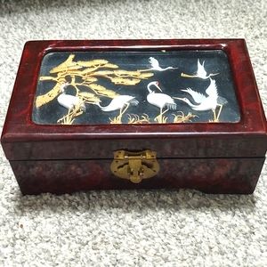 Vintage Wooden MOP Inlay Crane Jewelry Box